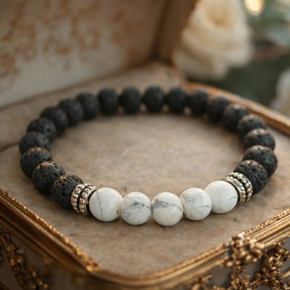NWOT Black Lava Spiritual Genuine Howlite Natural Stone Beaded Bracelet